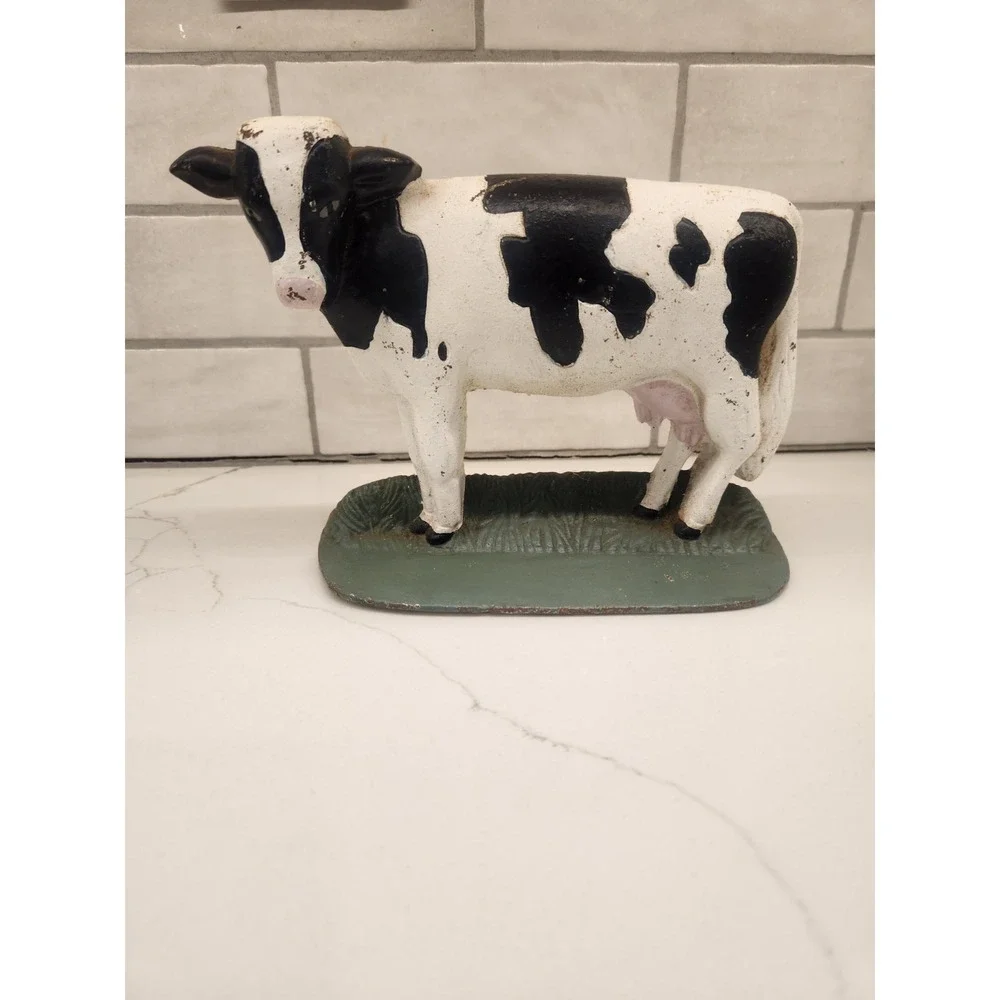 Vintage Hand Painted Cast Iron Cow Door Stopper/Paper Weight, Bookend Folk Art